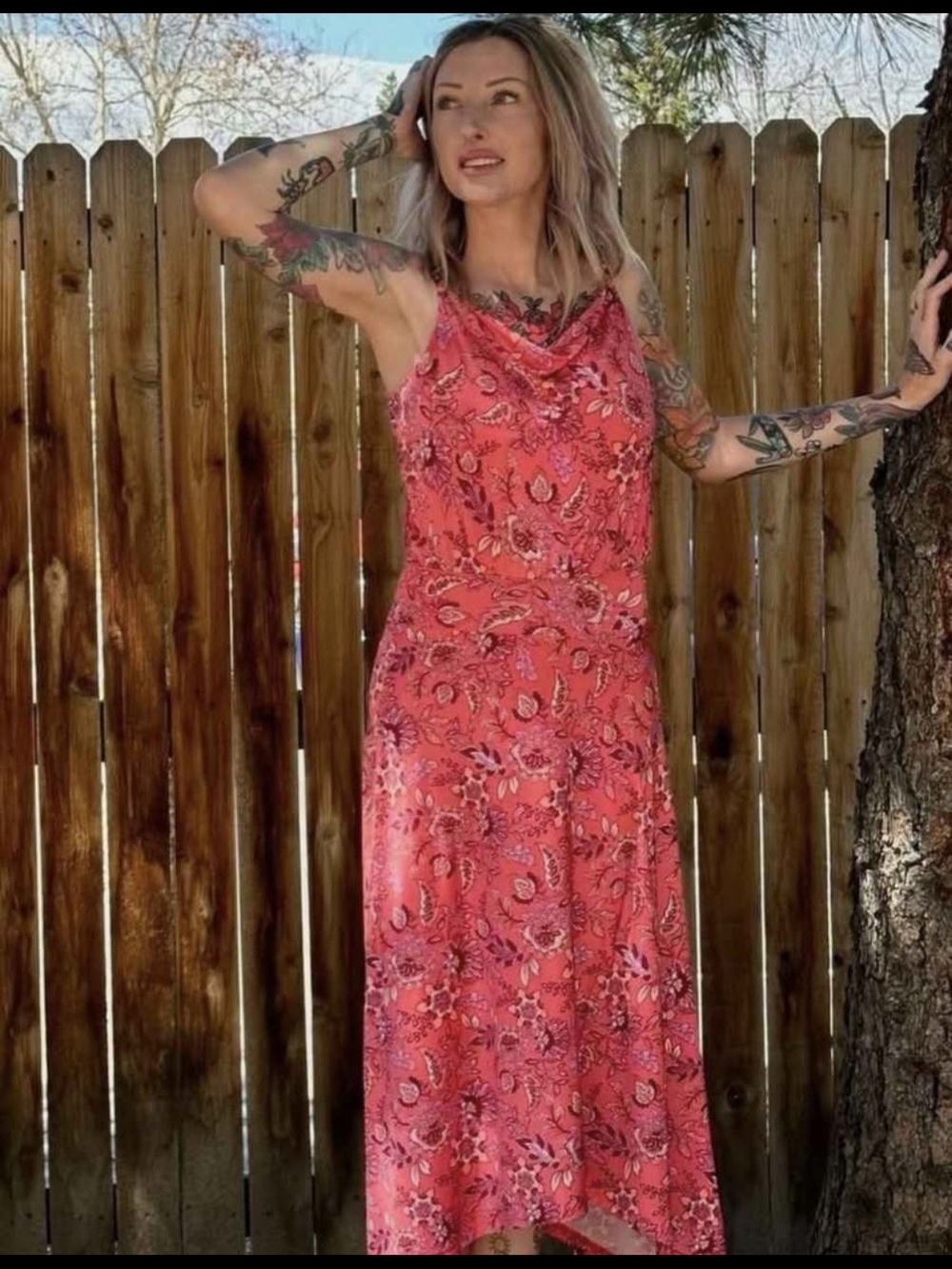 Veronica M Coral Pink Floral Asymmetrical Maxi Dress